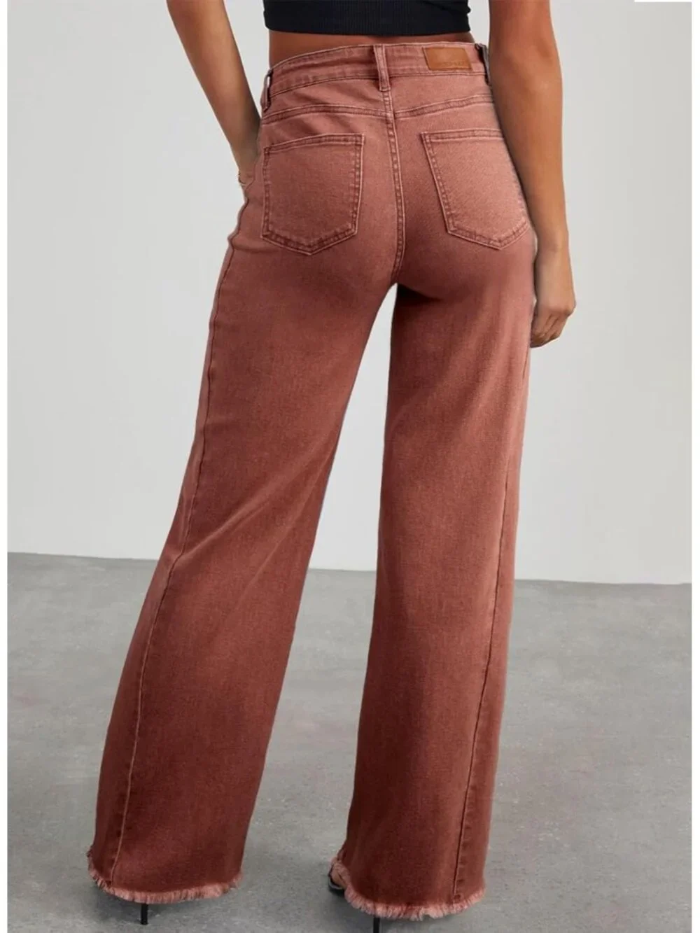 〽️ Women Red High Waist Wide Leg Jeans Stretch Raw Hem Denim Zimbaplatinum